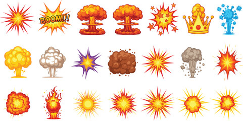 Cartoon explosion and impact effect vector set featuring blasts, fire bursts, smoke clouds, stars, and comic action elements © EdGe Creative