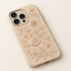 A transparent beige smartphone case with an elegant embossed floral design, displayed on a soft neutral background. The case features delicate flower and leaf details with a smooth