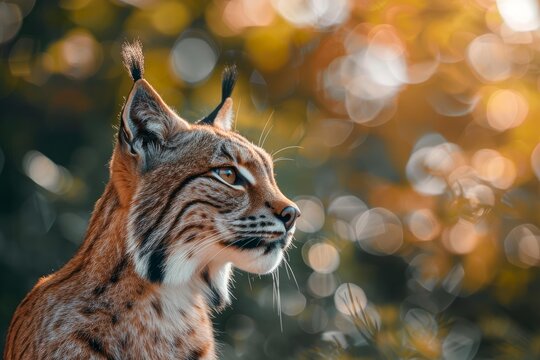Close up of a eurasian lynx enjoying the sunlight filtering through trees in a forest