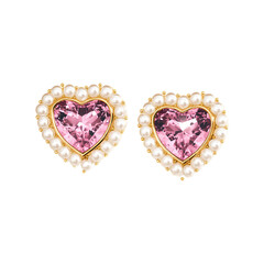 Heart-Shaped Pink Gemstone Earrings With Pearl Border. Elegant Jewelry Design For Special Occasions. Isolated On Transparent Background
