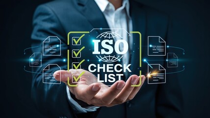 Businessman Holding Virtual ISO Certification Checklist Interface For Quality Management Standards Regulatory Compliance And Corporate Audit Success
