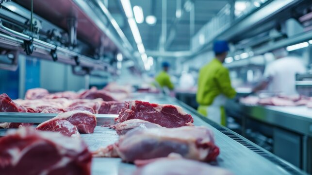 Production line operating in a meat processing facility showing workers and automated equipment in action