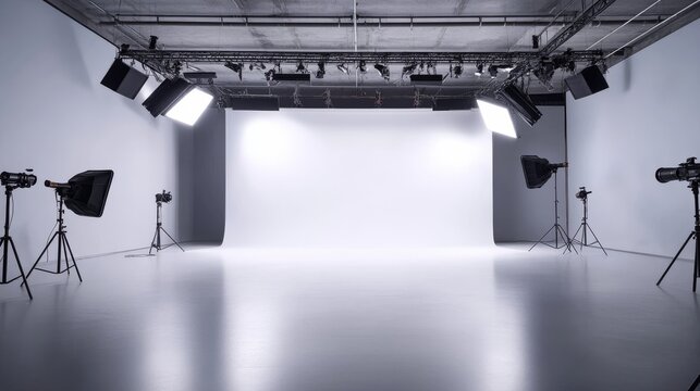 Large white cyclorama background in professional photo and video production studio with modern lighting equipment prepared for commercial shoot
