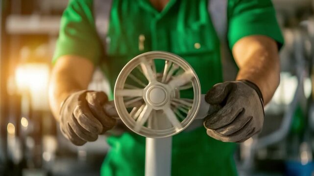Precision at Work: A skilled individual, clad in work attire and protective gloves, meticulously operates a valve within an industrial setting.