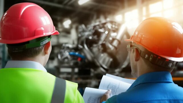Factory Collaboration: Two engineers, wearing helmets, meticulously inspect a blueprint amidst the industrial machinery of a factory floor.