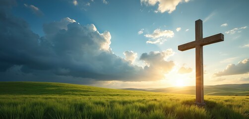 Wooden cross stands in a green grassy field under a dramatic sky with sun rays. Symbol of faith and belief in nature, representing spiritual hope and peace.