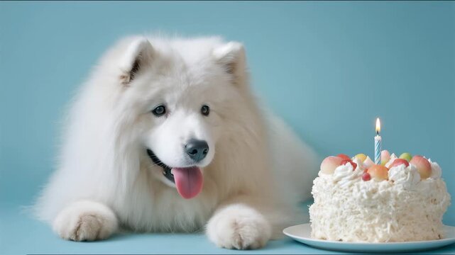 アクア背景のスタジオでサモエド子犬がケーキと座り笑顔