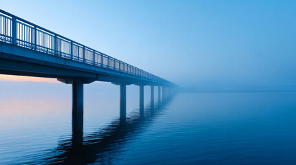 Obraz premium Long pedestrian bridge extending over calm water into dense fog during early morning blue hour with soft light and reflections