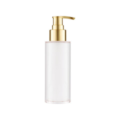 Elegant Clear Pump Bottle With Gold Dispenser. Luxury Skincare And Cosmetic Packaging. Isolated On Transparent Background