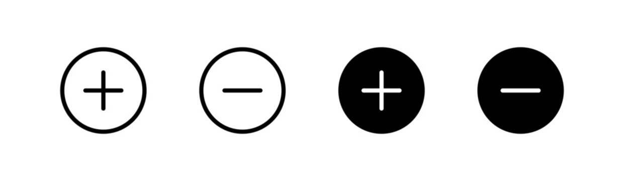 Plus and minus icons set with outline and filled styles for user interface design