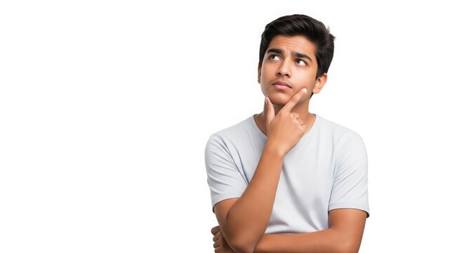 Indian Teen Boy in Thinking Pose on White Background