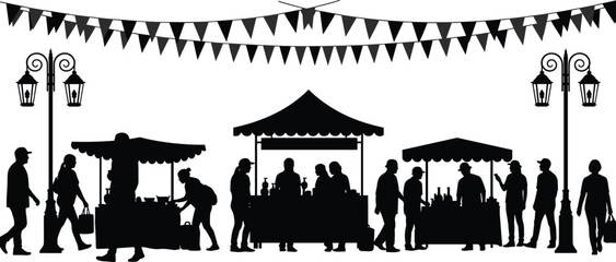 Outdoor street market silhouette with people shopping at stalls, festival fair with bunting flags and vintage street lamps, black and white vector illustration © MdMeherul