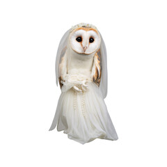 Owl Dressed As Bride In Wedding Gown. Whimsical Animal Fashion And Creativity. Isolated On Transparent Background