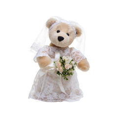 Teddy Bear In Bridal Attire Holding Bouquet. Wedding Gift And Celebration Symbolism. Isolated On Transparent Background