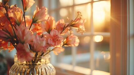 Pink flowers in vase by window at sunset