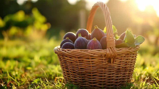 Basket of fresh figs sitting on the grass in the late afternoon sun.