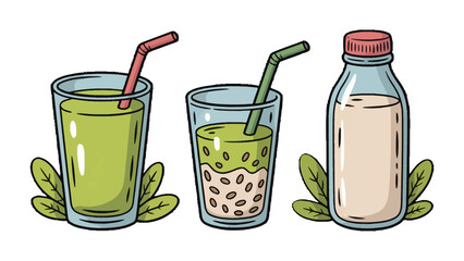 Refreshing Assortment: A captivating visual of refreshing drinks in glasses, including a straw and leaves. 