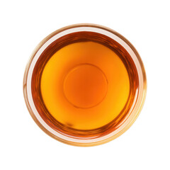 Top View Of Amber Liquid In Glass Bowl. Culinary Ingredient And Flavor Enhancer. Isolated On Transparent Background