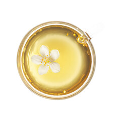 Glass Cup Of Jasmine Tea With Flower. Aromatic Herbal Infusion For Relaxation And Wellness. Isolated On Transparent Background