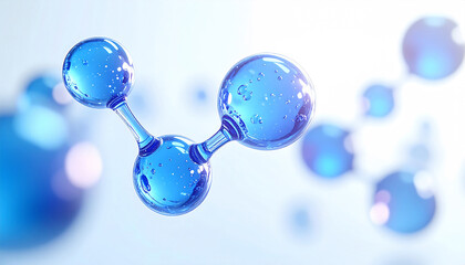 青い美容成分の分子モデル3D、結合が見える透明球体の先端科学背景、スキンケア研究イメージ / 3D blue skincare ingredient molecule model with visible bonds, transparent spheres, advanced science research background