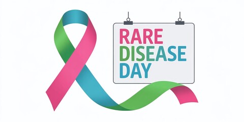 Rare Disease Day Healthcare Awareness Graphic With Multicolored Ribbon and Signage for Medical Research Patient Support and Hospital Charity Marketing