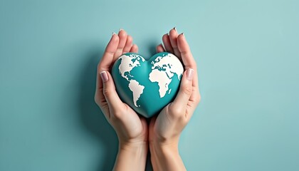 Female hands hold world map heart shape, symbolizing global unity, love, and care for our planet. Represents eco consciousness and togetherness.