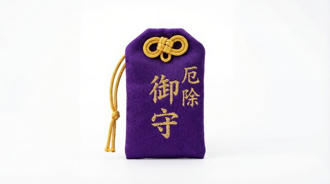 日本の御守りを高解像度で中央に配置した商品写真。紫色の絹錦の小袋に金刺繍の漢字と紐付き。御守りは純白背景（RGB 255-255-255）上で垂直方向完全中央に位置。撮影機材：Canon EOS R3、Canon RF 100mm f/2.8 L Macro IS USMレンズ、絞り値f/13。絹糸刺繍の細部と生地の質感が鋭く鮮明に描写。スタジオ照明はソフトボックスを頭上に配置し