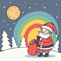 Fototapeta premium Santa Claus standing with a sack of toys under a rainbow and moon