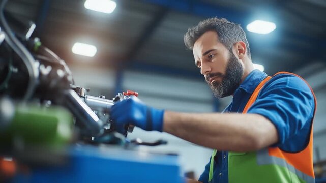 Precision in Progress: A focused worker, clad in safety gear, meticulously inspects machinery within the industrial sector.
