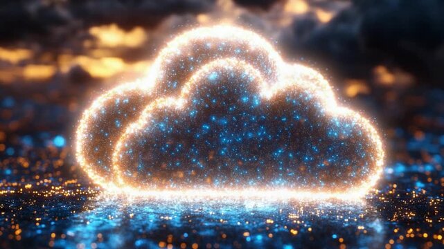 Digital Cloud Formation: An ethereal cloud formation illuminated with glowing particles, set against a backdrop of a gradient sky, symbolizing data, technology, and the digital sphere. 