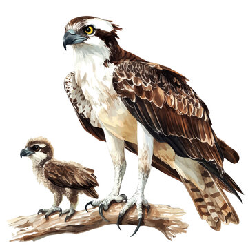 Mother Osprey With Her Kid, delicate watercolor illustration vector with soft and elegant colors, isolated on a white background.