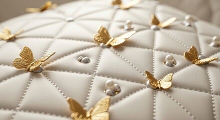 Fototapeta premium Elegant white quilted surface adorned with shimmering golden butterflies and delicate pearl embellishments, presenting a luxurious decorative pattern for sophisticated interiors