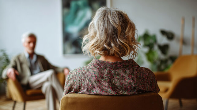 Confidential psychological consultation with middle-aged woman and therapist in soft setting