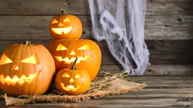 Festive arrangement of carved pumpkins with glowing faces for a seasonal celebration.
