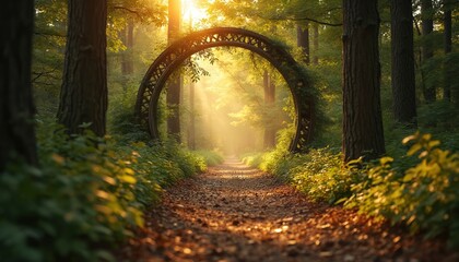 Sunlight streams through an ancient archway overgrown with ivy in a dense forest. A dirt path leads through the woods towards the glowing light. Trees surround the mystical portal.