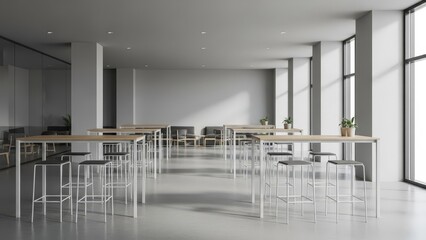 Bright spacious room with rows of tall tables and stools plants near windows and a distant lounge area