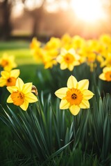 Daffodil flowers bloom in a garden during a sunny afternoon in spring with bright yellow petals and green leaves