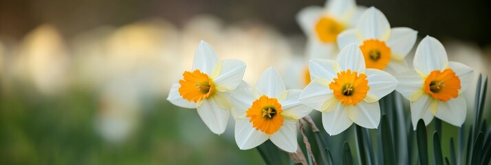 Daffodil flowers bloom in a bright field during spring showing natural beauty and life in a garden setting