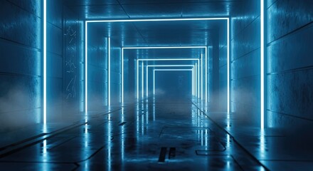 Futuristic blue neon light tunnel with glowing frames receding into a smoky dark interior creating a sense of infinite progression