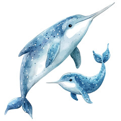 Mother Narwhal With Her Kid, delicate watercolor illustration vector with soft and elegant colors, isolated on a white background. © soltrex