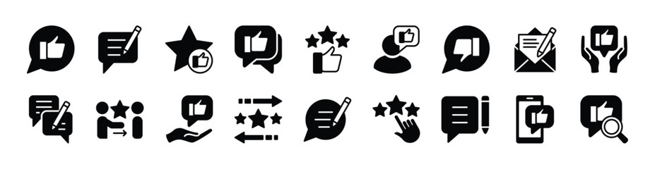 Feedback, review, and satisfaction icon set. Contains like, comment, thumb up, star, positive rating for testimonial, quality, service, opinion. Speech bubble communication for social media - vector