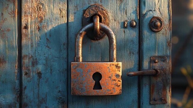 Secret Behind the Door: A close-up shot of an aged wooden door, safeguarded by a weathered padlock. It hints at secrets hidden within. The shot highlights textures and the stories etched by time.