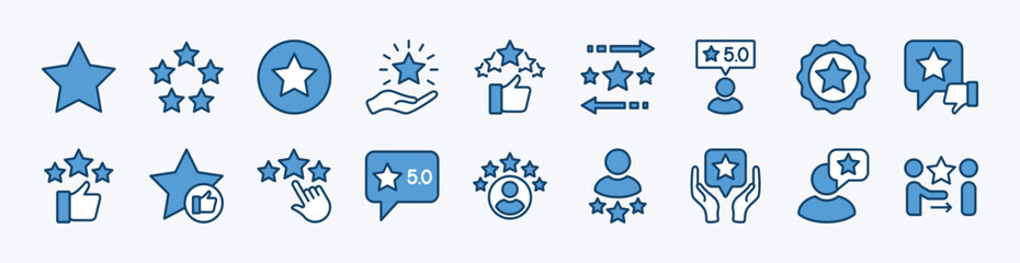 Set of rating, review, satisfaction icon vector. Contains five stars, thumb up and down, positive for customer service, feedback, best quality, testimonial, opinion, evaluation, performance
