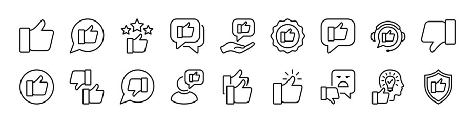 Social media icon set. Contains like button, thumb up, thumb down, good comment, positive label, accept, yes, ok, satisfied emoji for customer service, feedback, experience, confirm - illustration