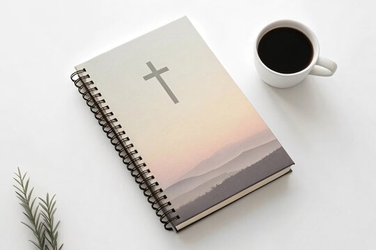 Spiritual Reflection with Coffee: A notebook adorned with a cross rests beside a comforting cup of coffee, creating a serene moment. perfect for contemplation and spiritual exploration.