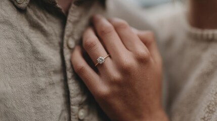 Close-up of a person's hand, specifically their ring finger. the person is wearing a beige button-down shirt and the background is blurred, so the focus is on the hand and the ring.