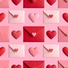A seamless pattern of colorful envelopes with heart-shaped seals, set against a soft pink background. Perfect for Valentine&rsquo;s Day or romantic designs.