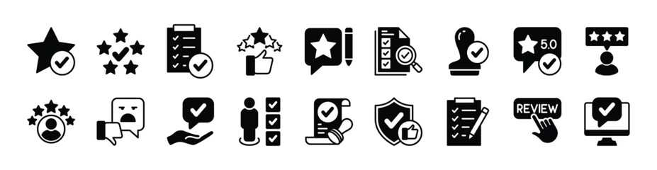 Rating and review icon vector set. Contains five stars, checkmark, checklist, confirm button, approval, security, stamp, skills, data analysis, verified profiles, certification, network comment