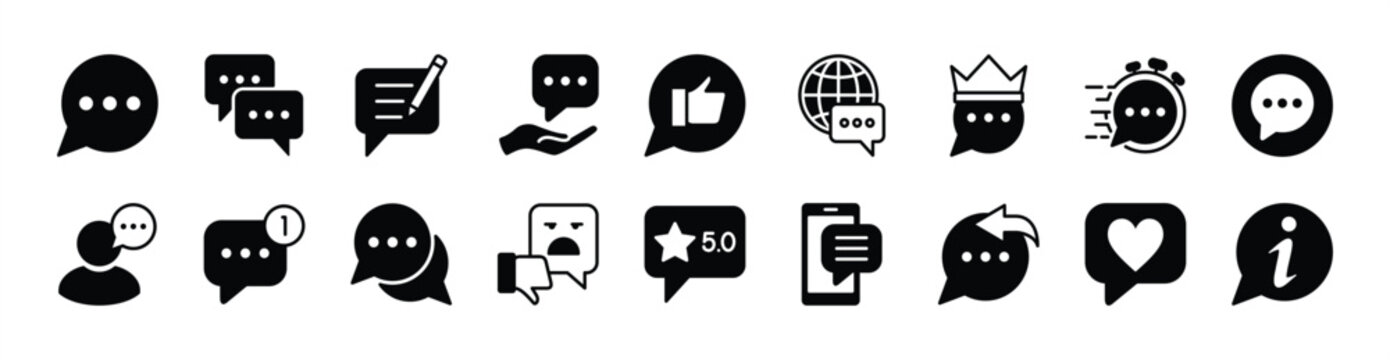 Social media comment icon vector set. Contains Speech bubble, conversation, talk, write, feedback, fast response, inbox, satisfaction, information, like button, global communication - illustration