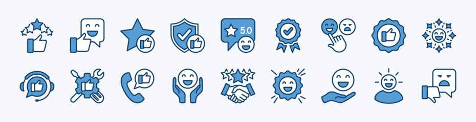 Set of customer satisfaction icon. Contains feedback, rating, review, support, five stars, thumb up, good service and quality communication, client experience, trust, smile emoji - vector illustration